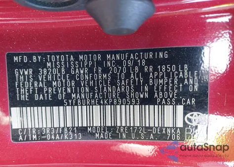 2019 Toyota Corolla Le from USA, damaged, VIN 5YFBURHE4KP890593
